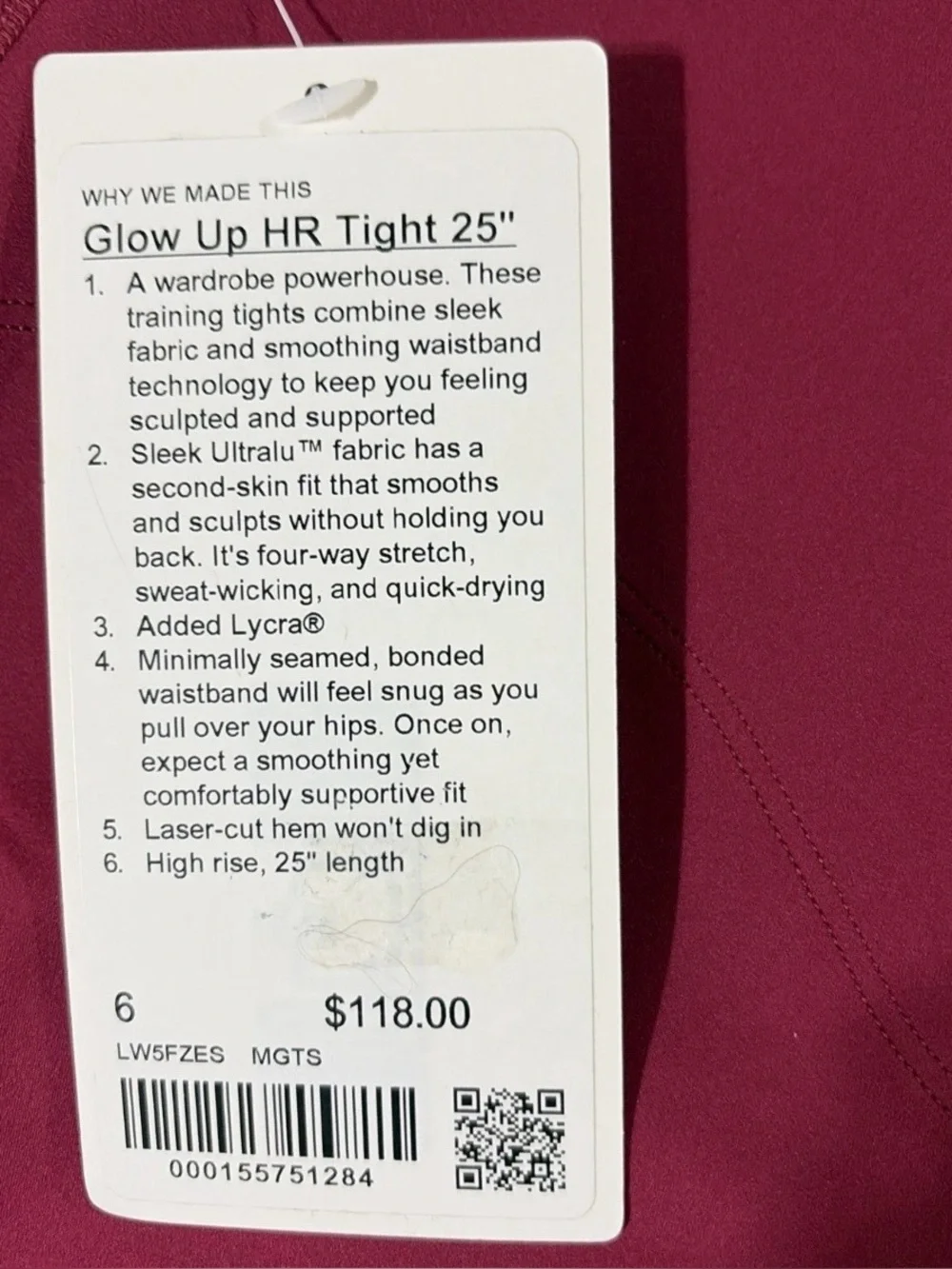 NWT*LULULEMON*SIZE 6*GLOW UP HI RISE 25” LENGTH TIGHT*AUTHENTIC*MAGENTA SPARK